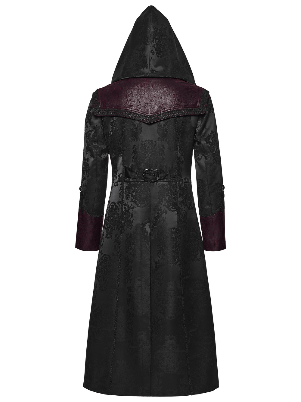 Gothic Hooded Jacquard Long Coat with Leather Trim