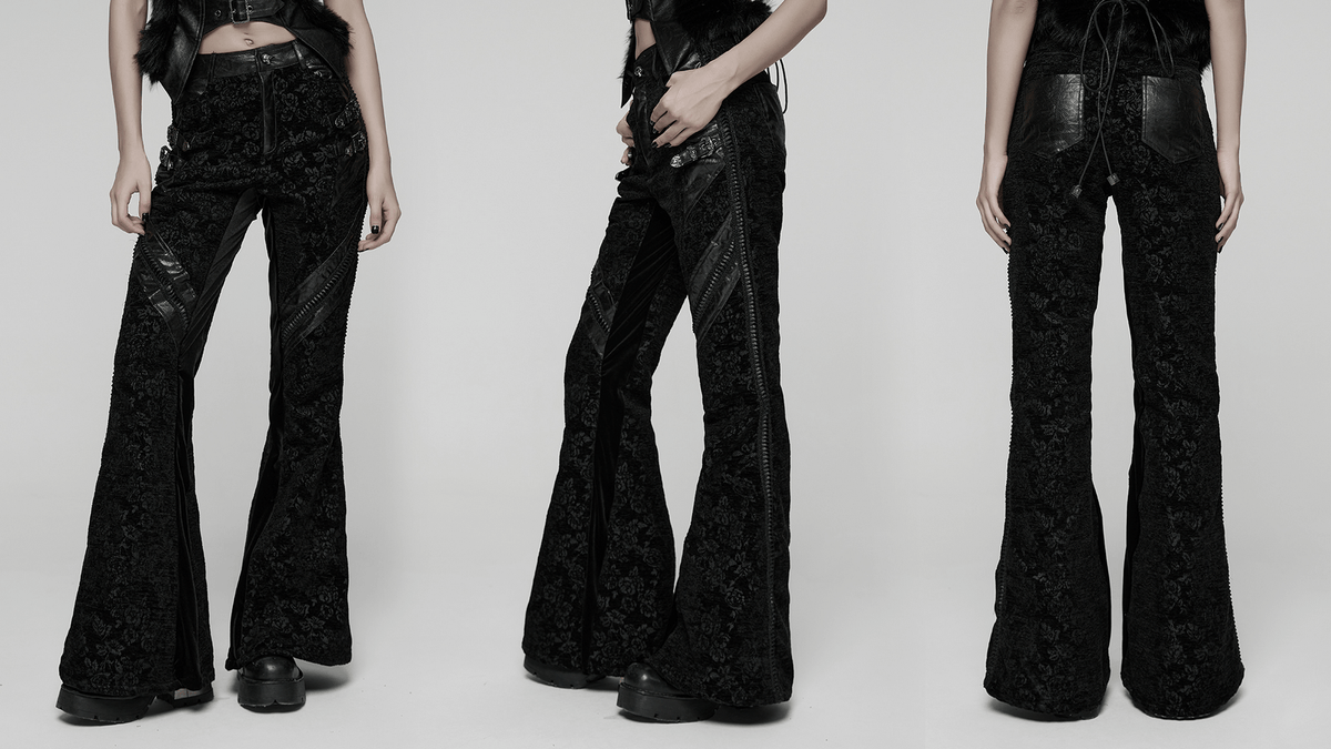 Gothic Jacquard Flared Pants with Faux Leather Details