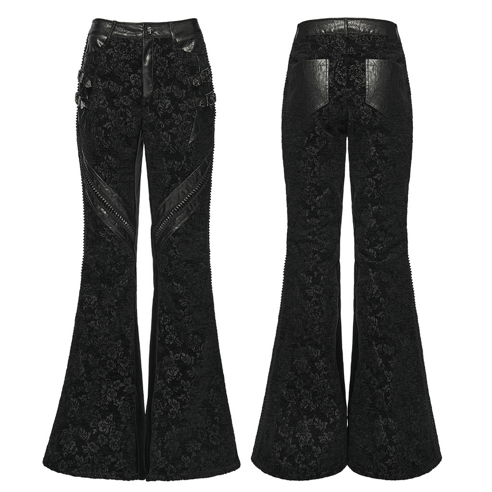 Gothic Jacquard Flared Pants with Faux Leather Details