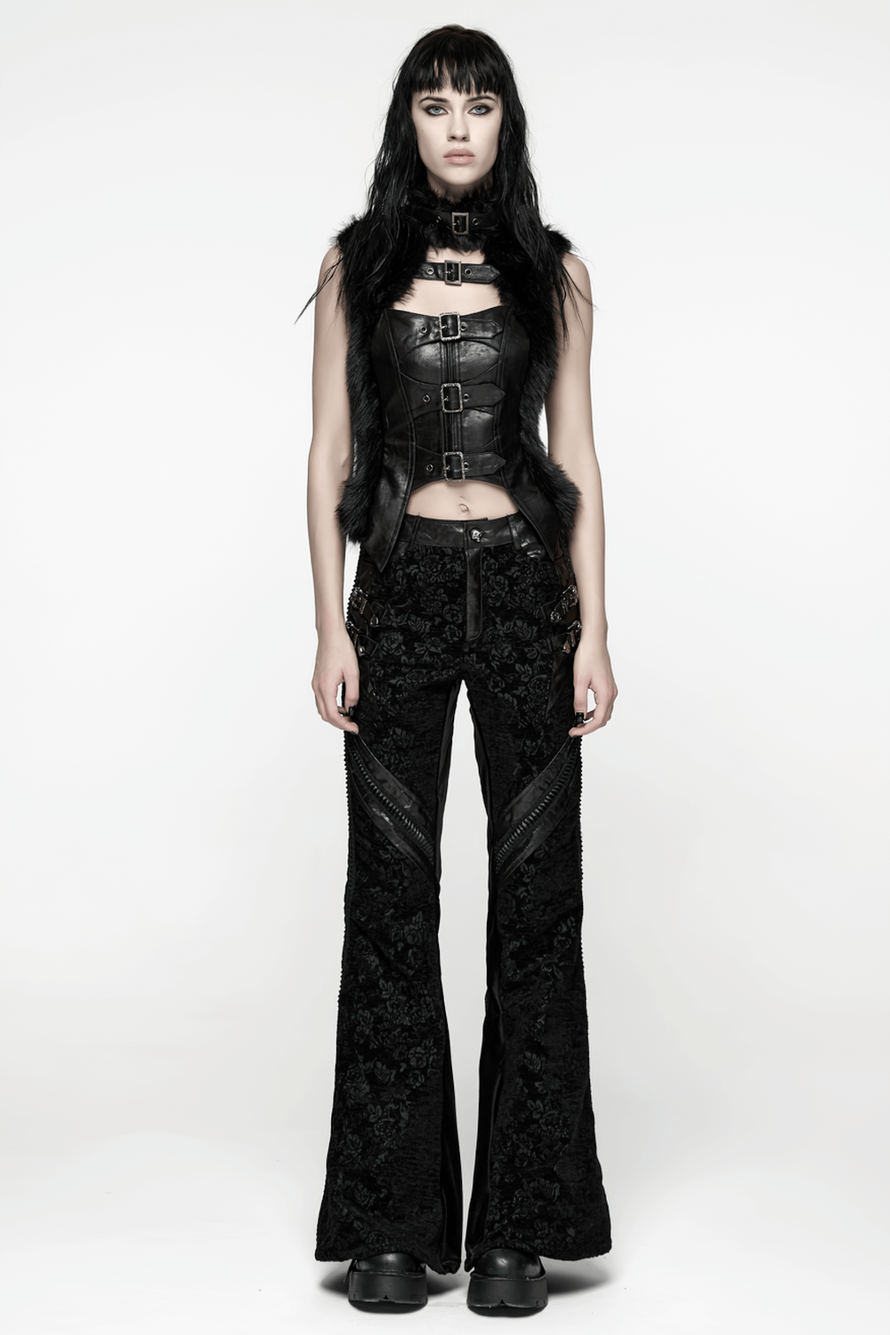 Gothic Jacquard Flared Pants with Faux Leather Details