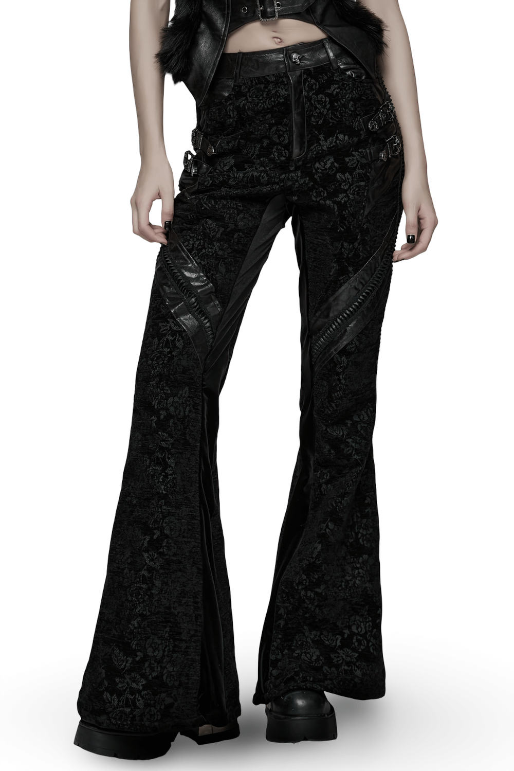Gothic Jacquard Flared Pants with Faux Leather Details