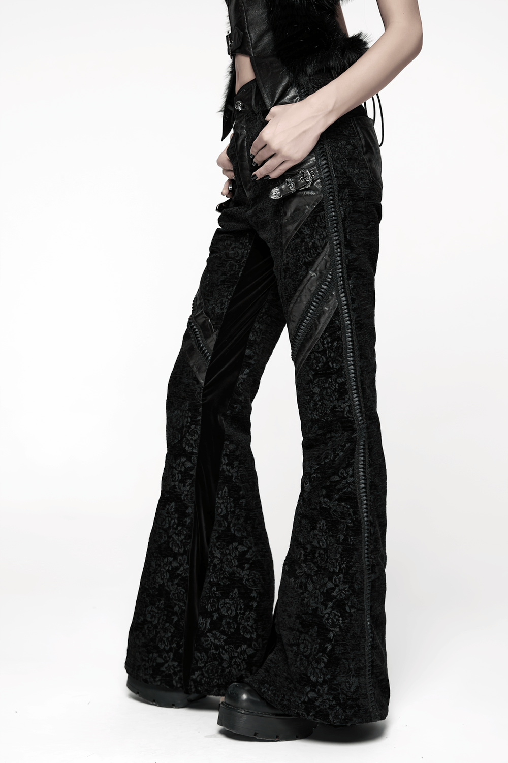 Gothic Jacquard Flared Pants with Faux Leather Details