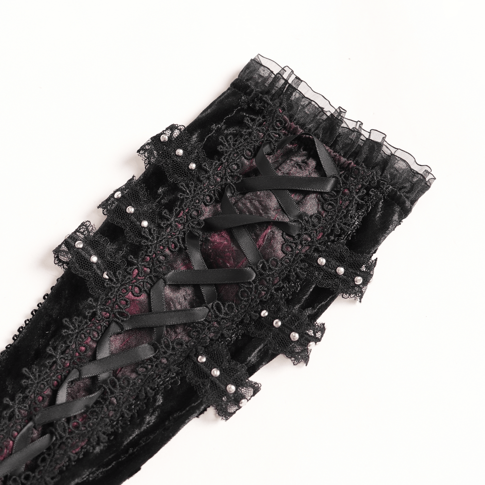 Gothic Lace Arm Warmers with Rose and Ribbon Details