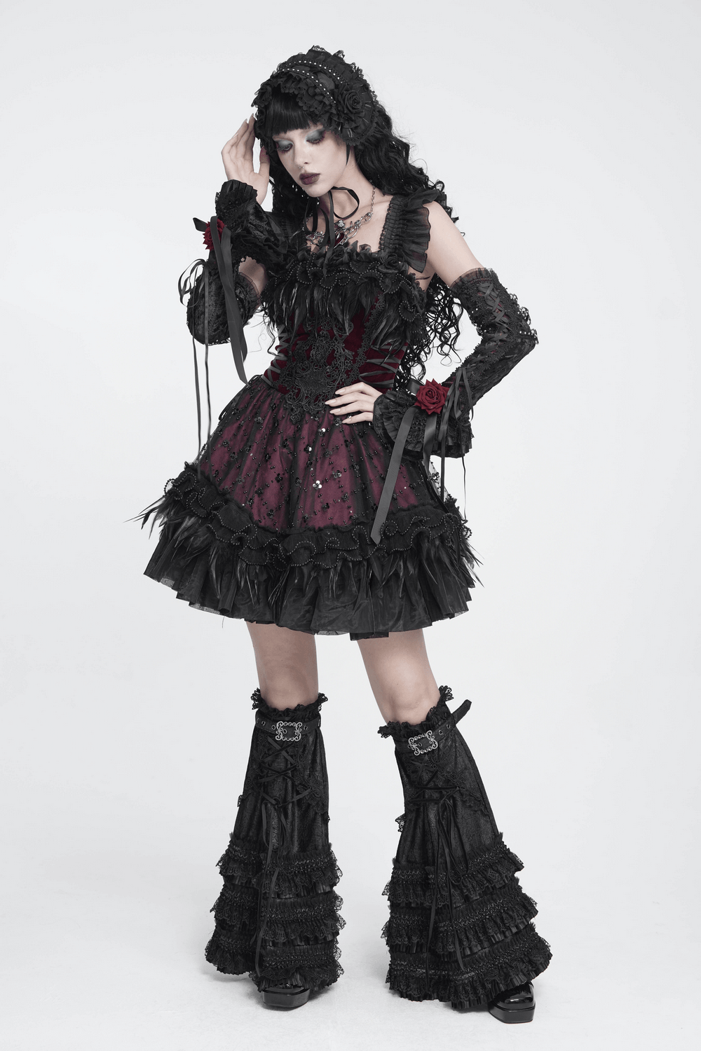 Gothic Lace Arm Warmers with Rose and Ribbon Details