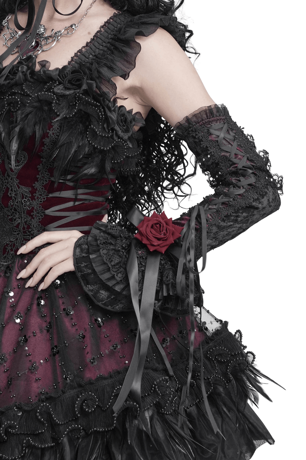 Gothic Lace Arm Warmers with Rose and Ribbon Details
