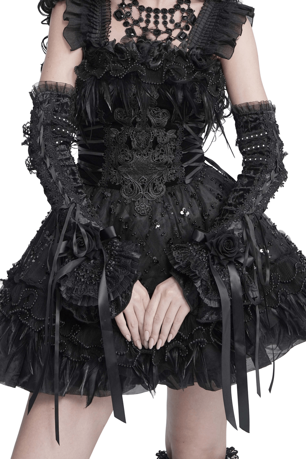 Gothic Lace Arm Warmers with Roses and Ribbons