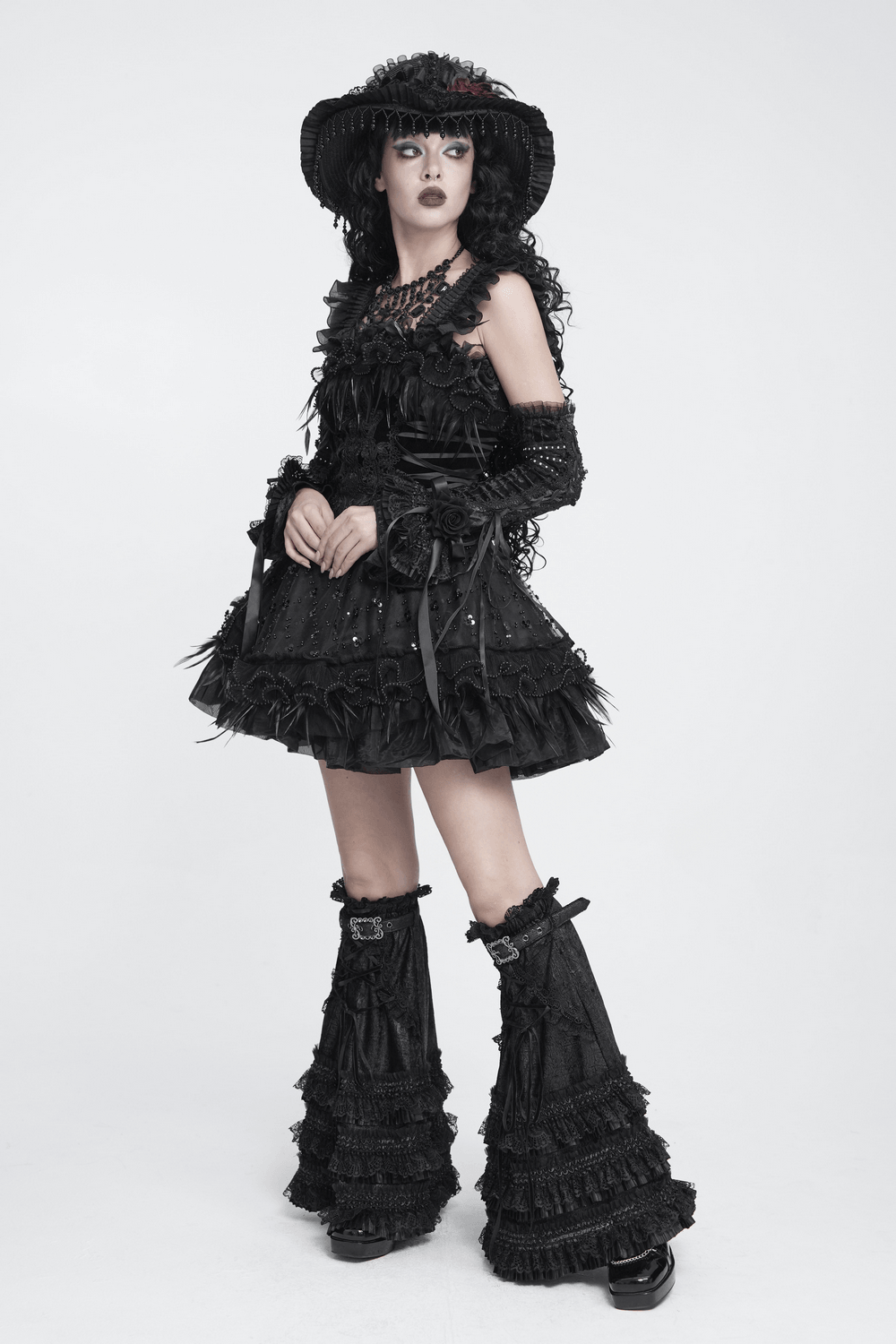 Gothic Lace Arm Warmers with Roses and Ribbons