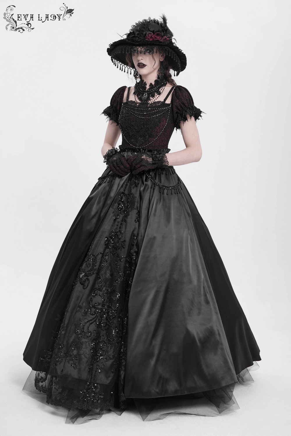 Gothic Lace-Back Maxi Dress with Chain Detail and Lacing
