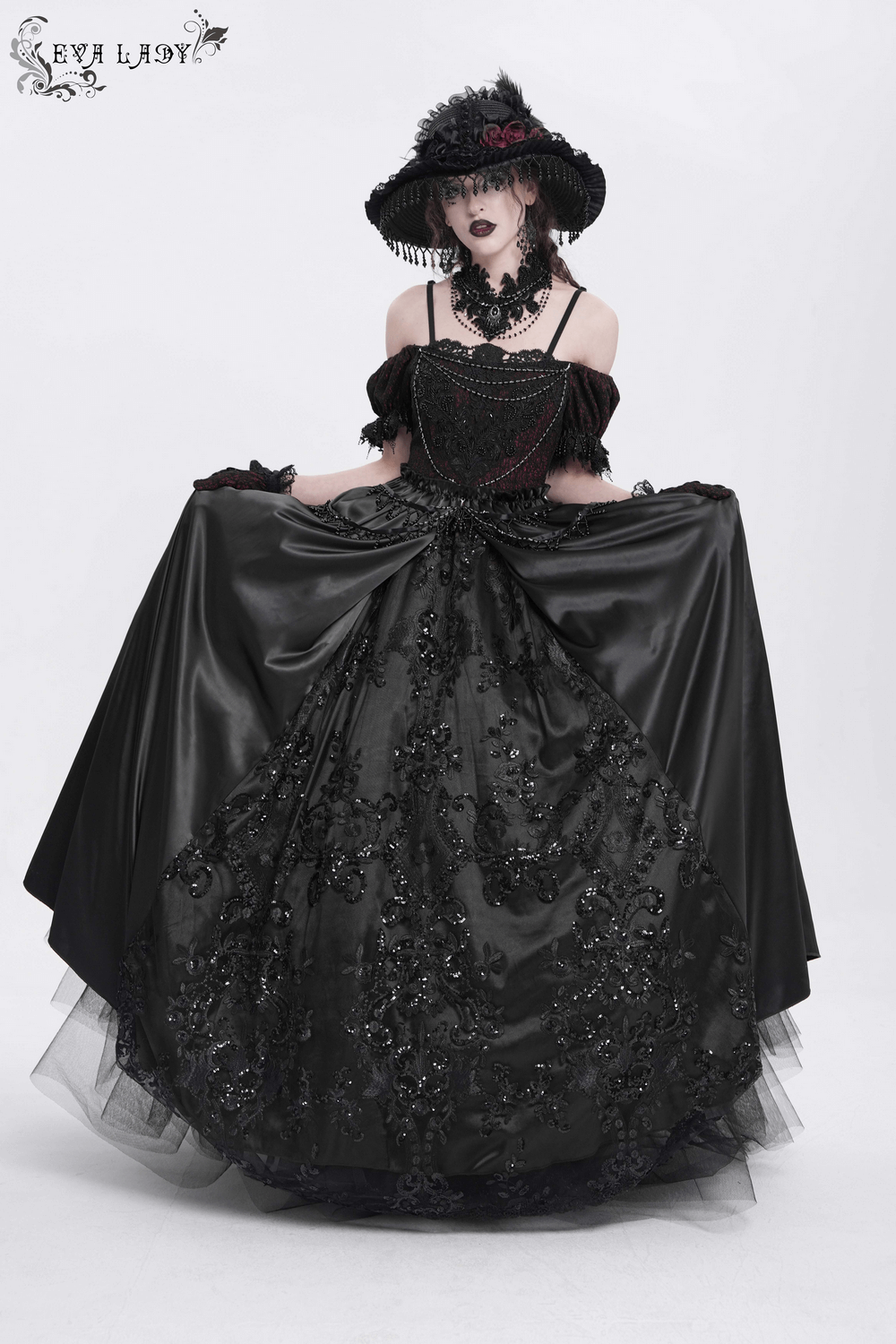 Gothic Lace-Back Maxi Dress with Chain Detail and Lacing