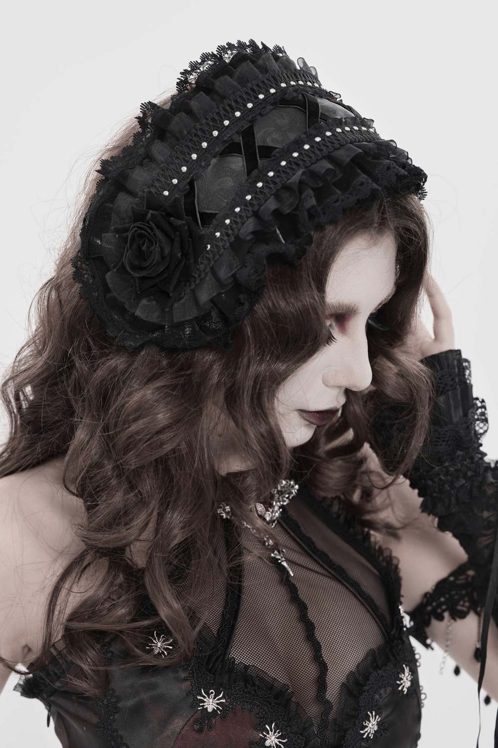 Gothic Lace Bonnet Headpiece with Rose Details
