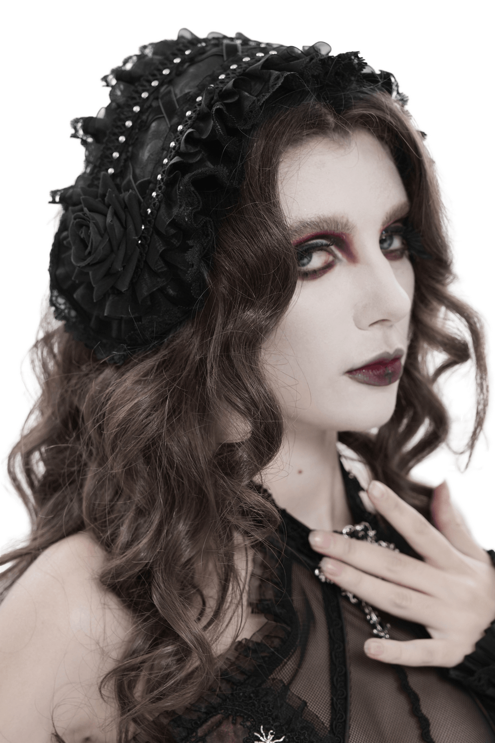 Gothic Lace Bonnet Headpiece with Rose Details