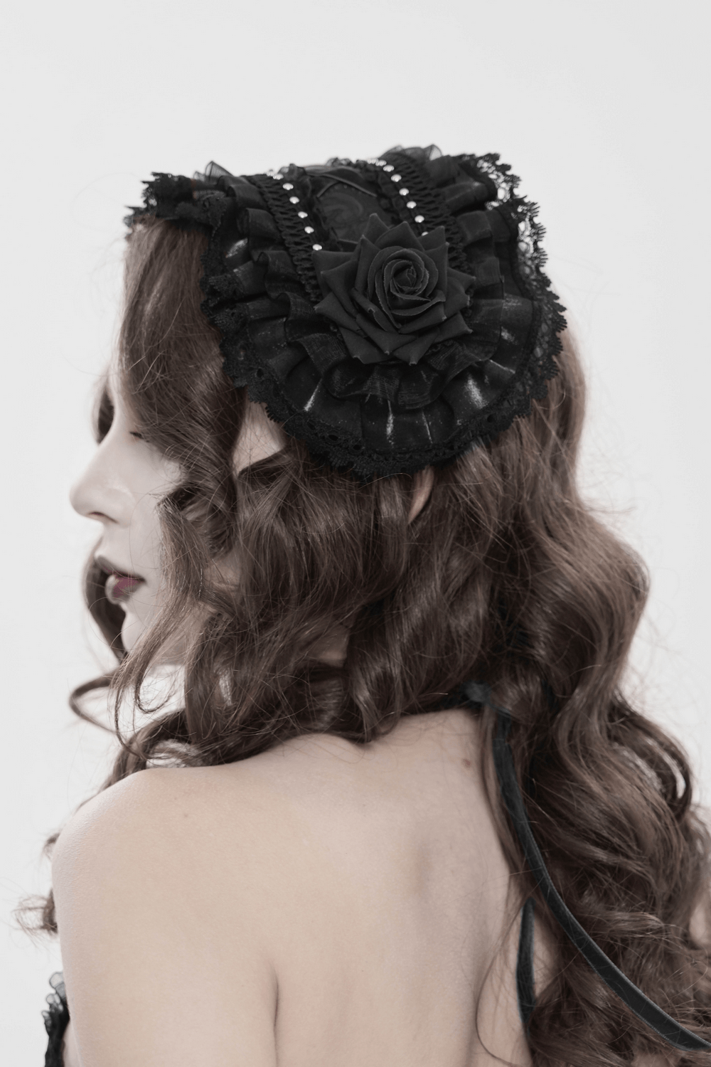 Gothic Lace Bonnet Headpiece with Rose Details