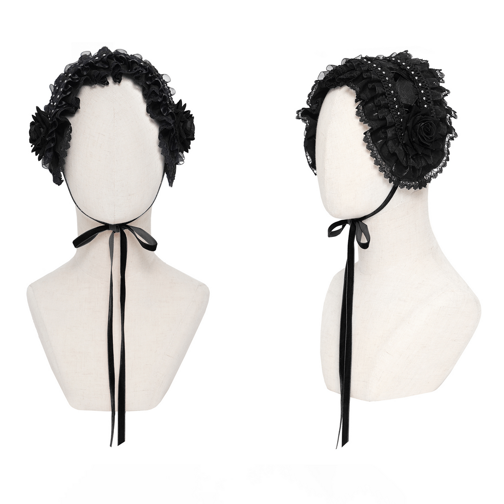 Gothic Lace Bonnet Headpiece with Rose Details