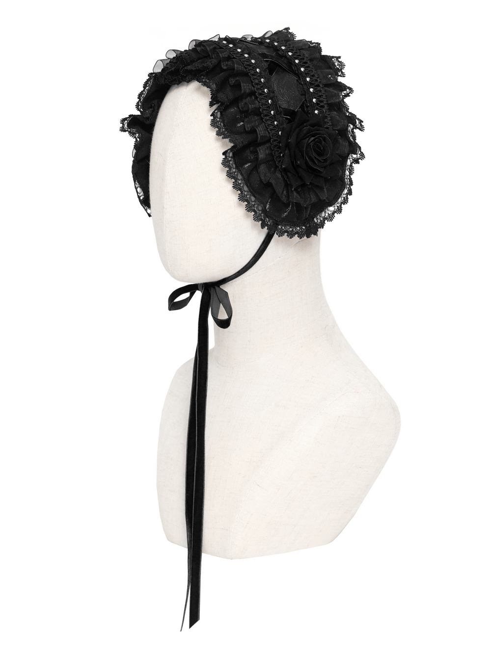 Gothic Lace Bonnet Headpiece with Rose Details