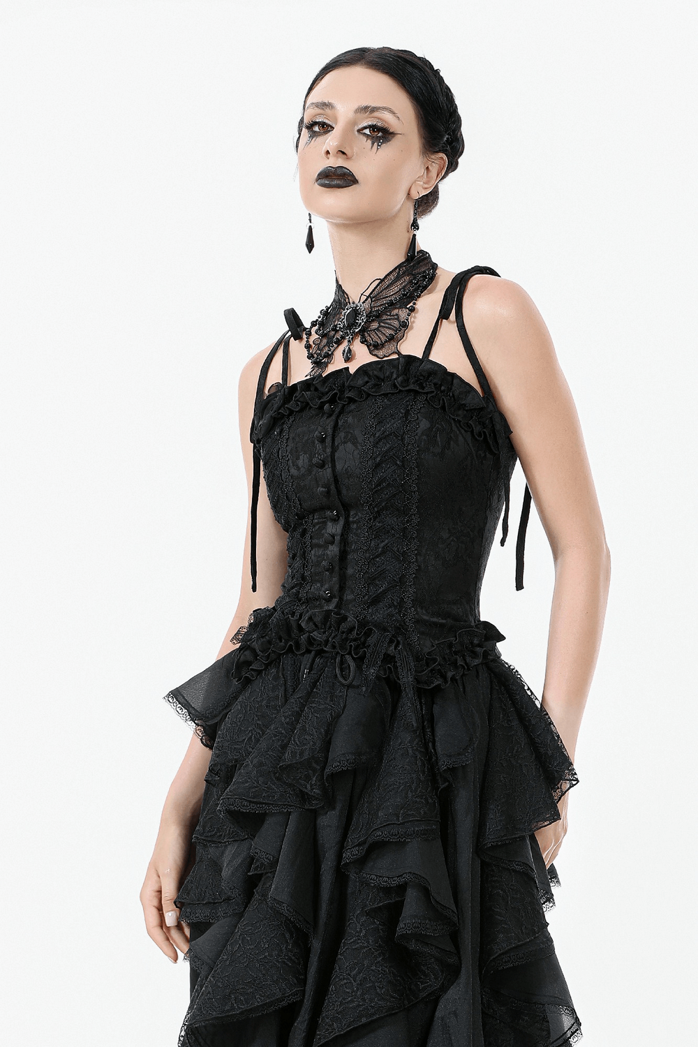 Gothic Lace Corset Top with Adjustable Ribbon Straps