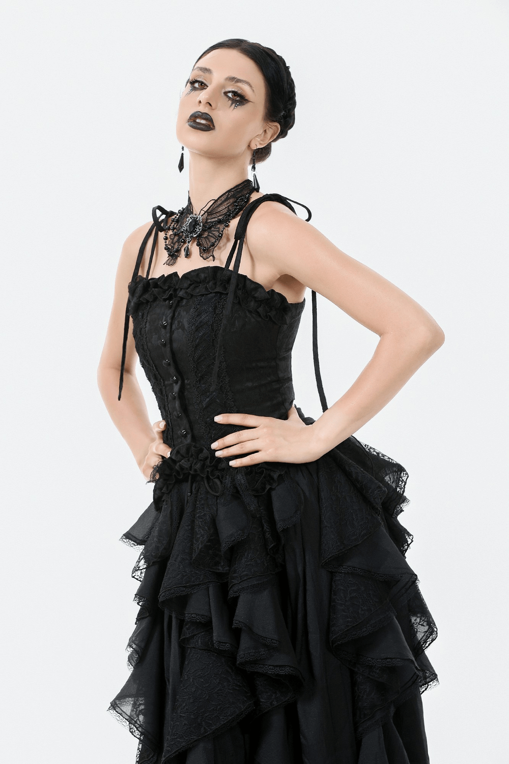 Gothic Lace Corset Top with Adjustable Ribbon Straps