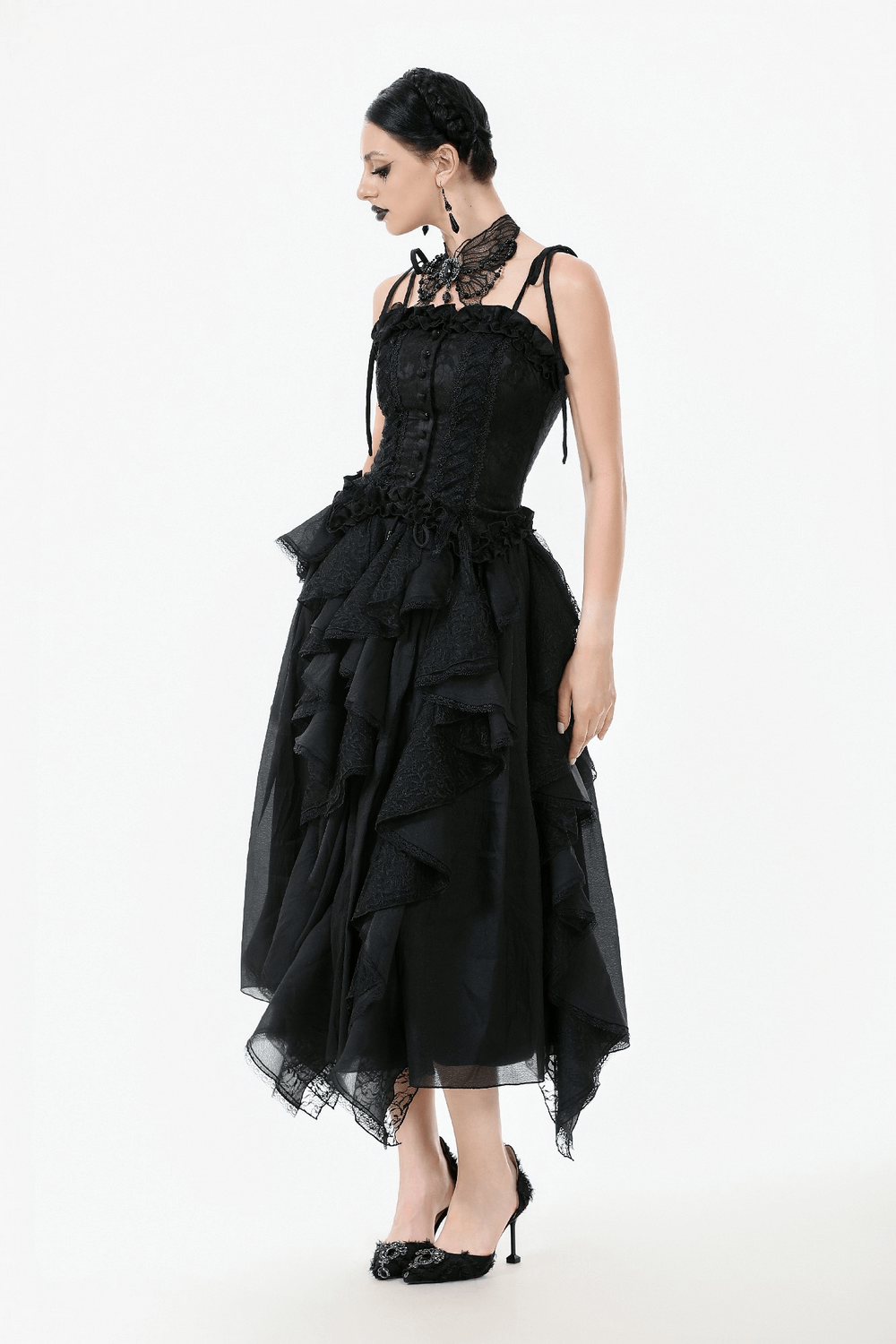 Gothic Lace Corset Top with Adjustable Ribbon Straps