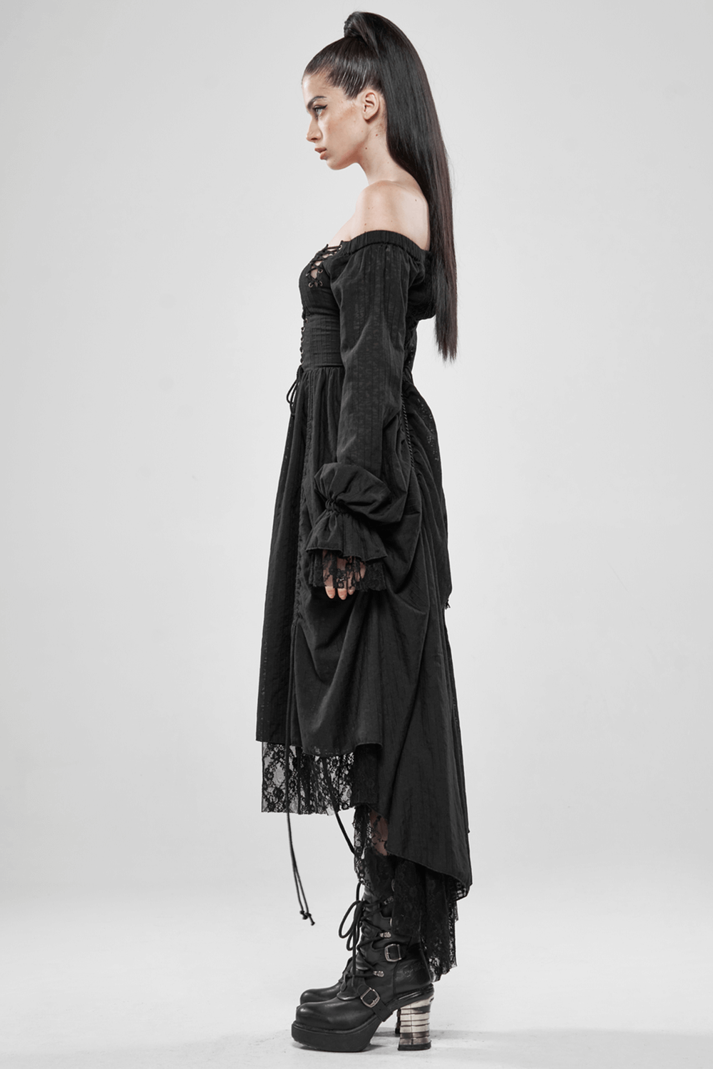 Gothic Lace Dress with Off-Shoulder and Lantern Sleeves