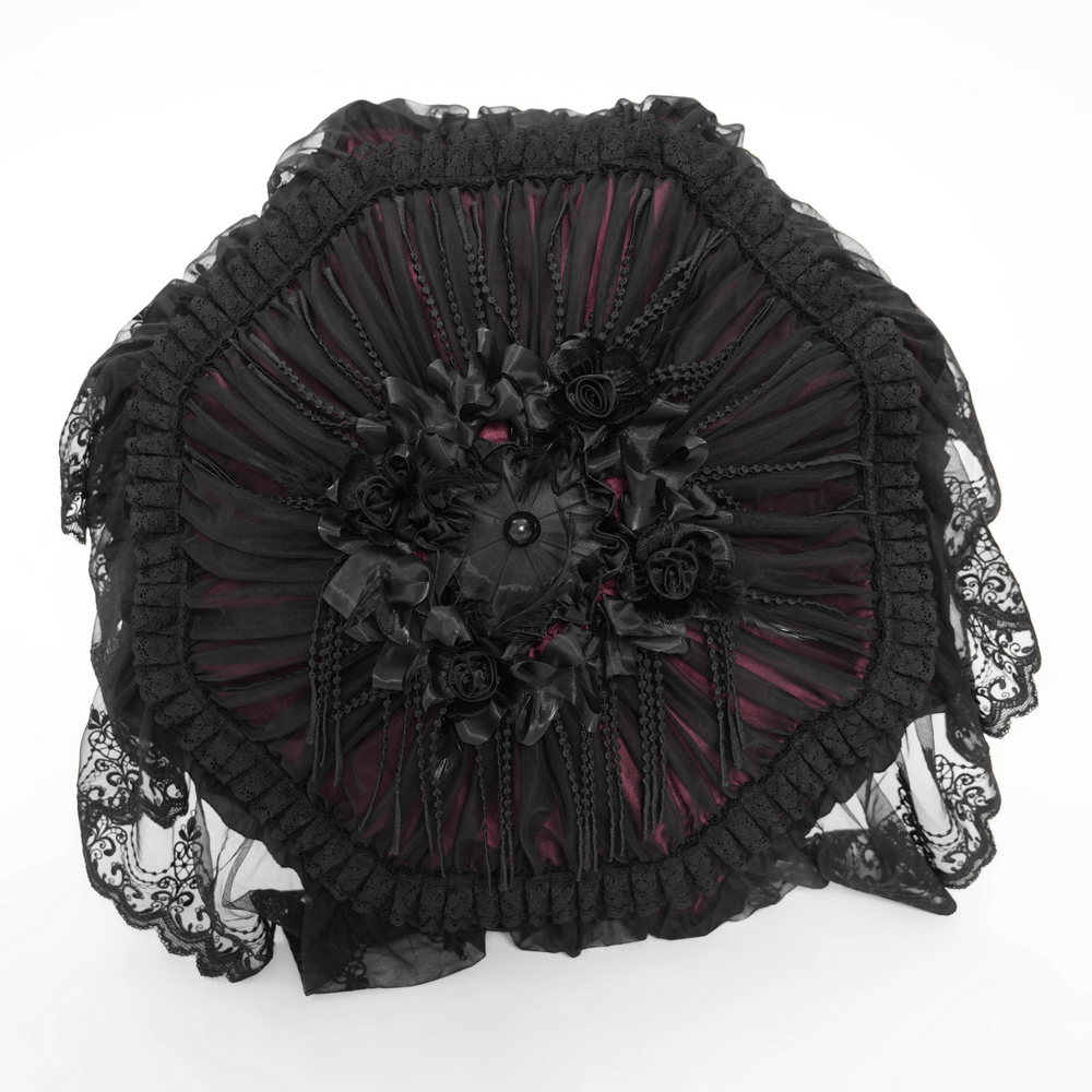 Gothic Lace Fringe Umbrella with Roses and Satin Detail
