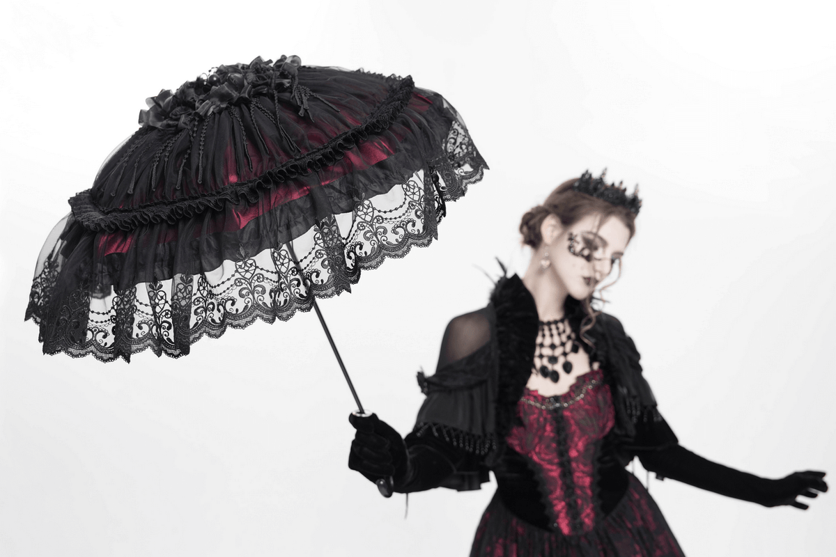 Gothic Lace Fringe Umbrella with Roses and Satin Detail
