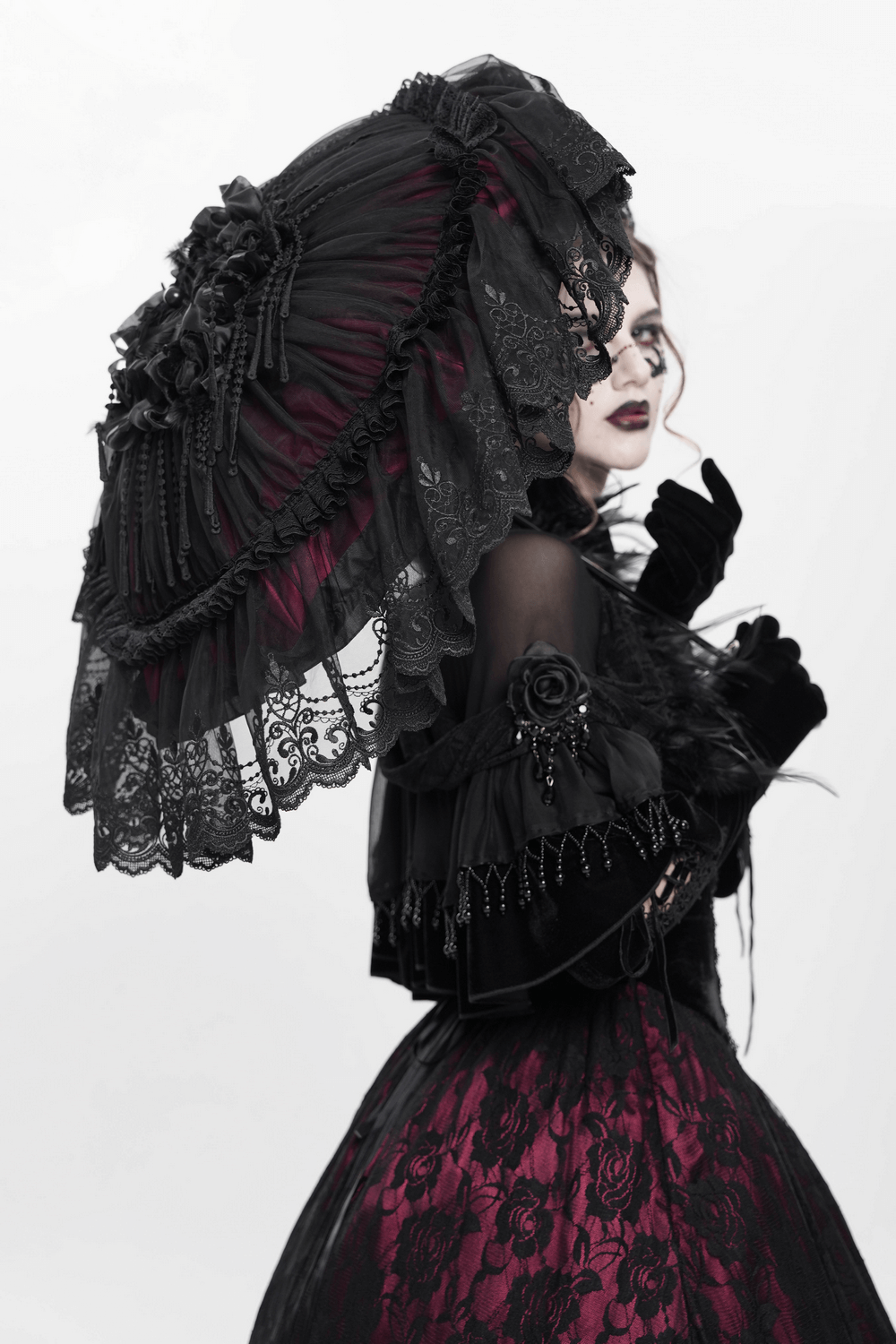 Gothic Lace Fringe Umbrella with Roses and Satin Detail