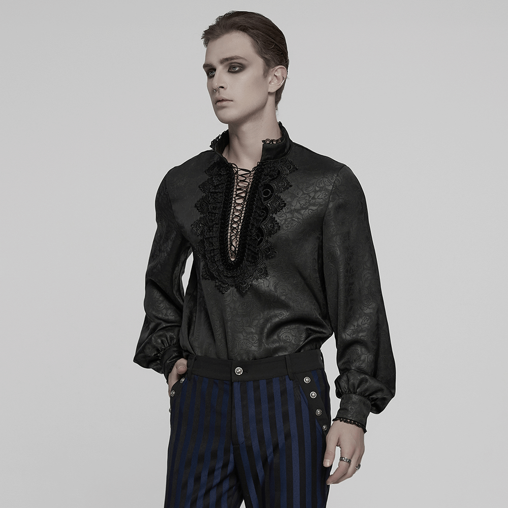 Gothic Lace Front Drawstring Shirt with Stand-up Collar