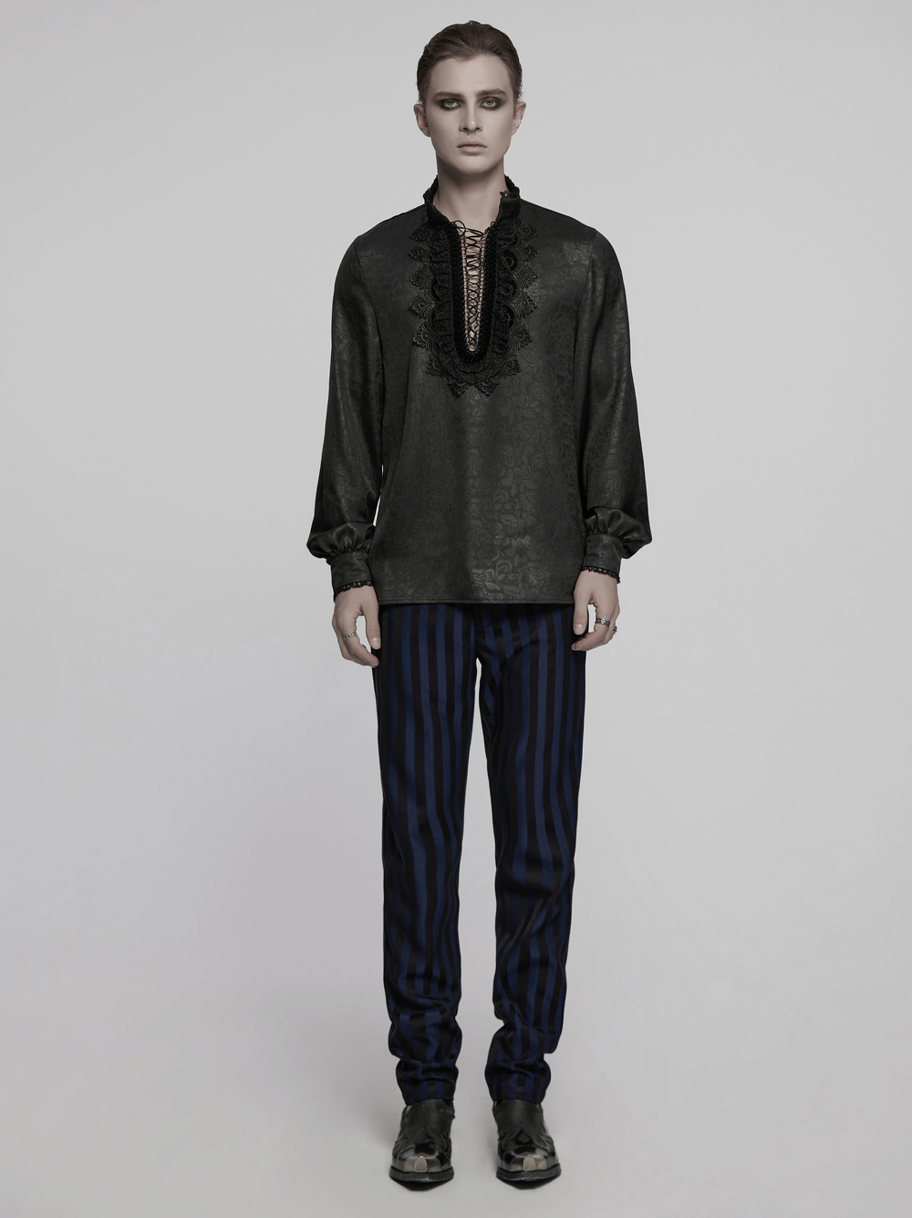 Gothic Lace Front Drawstring Shirt with Stand-up Collar