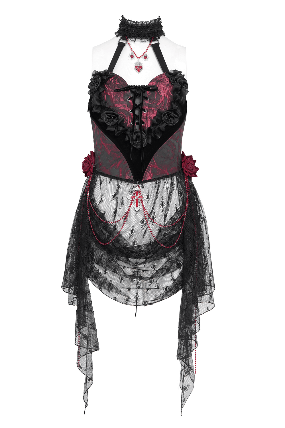 Gothic Lace Halter Top with Roses and Chains for Women