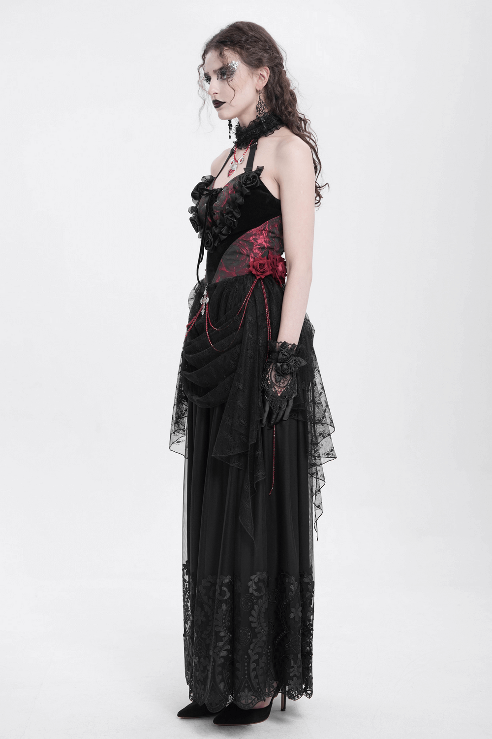 Gothic Lace Halter Top with Roses and Chains for Women