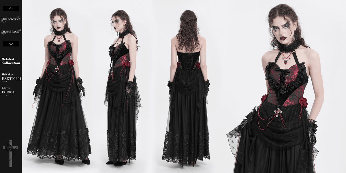 Gothic Lace Halter Top with Roses and Chains for Women