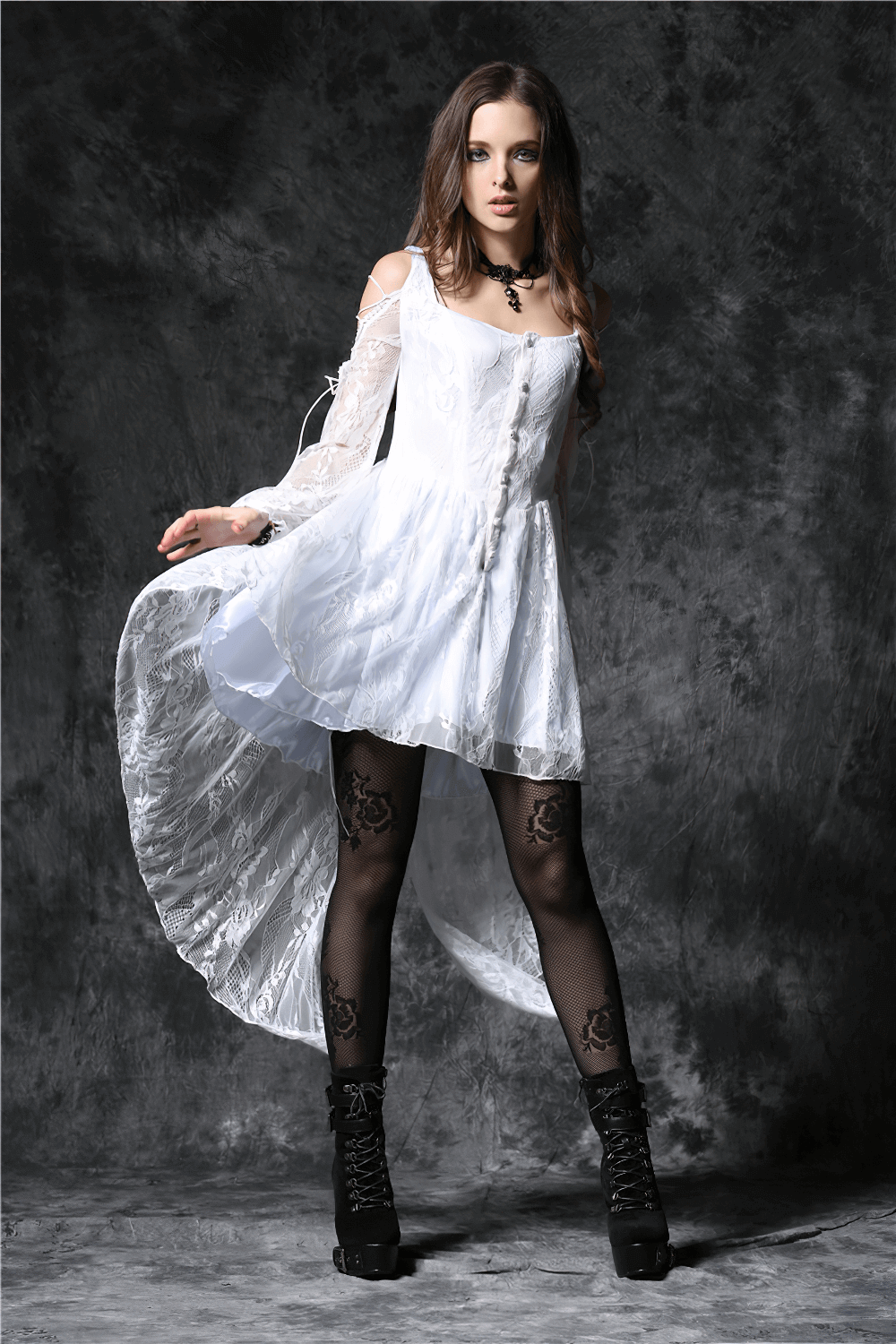 Gothic Lace High-Low Dress with Sheer Sleeves and Buttons