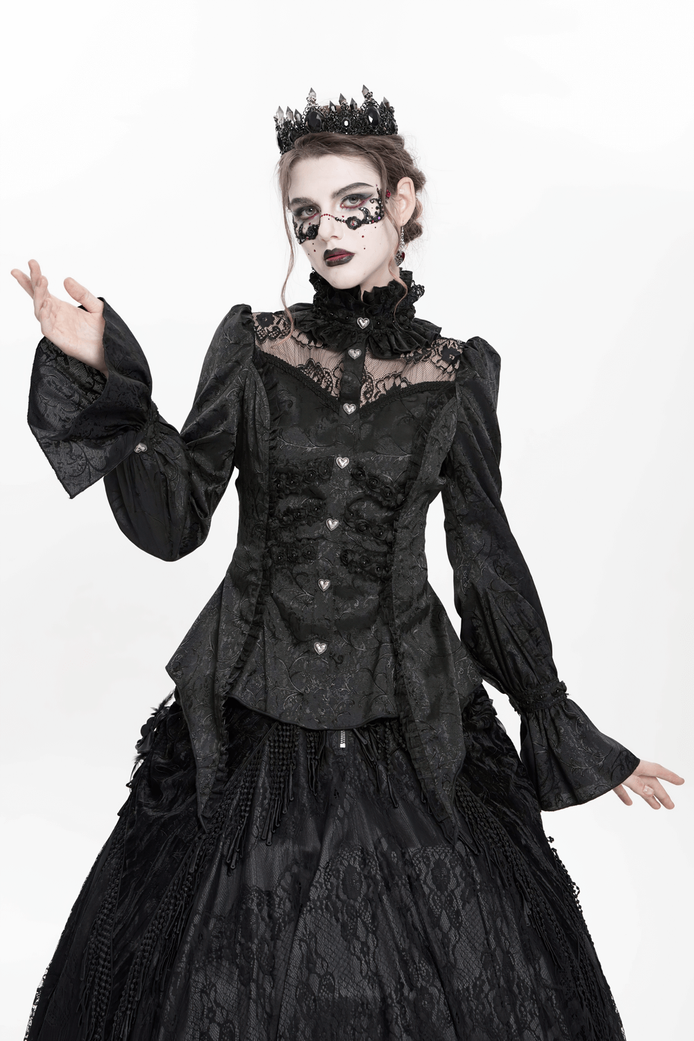Gothic Lace High Neck Blouse with Heart Buttons