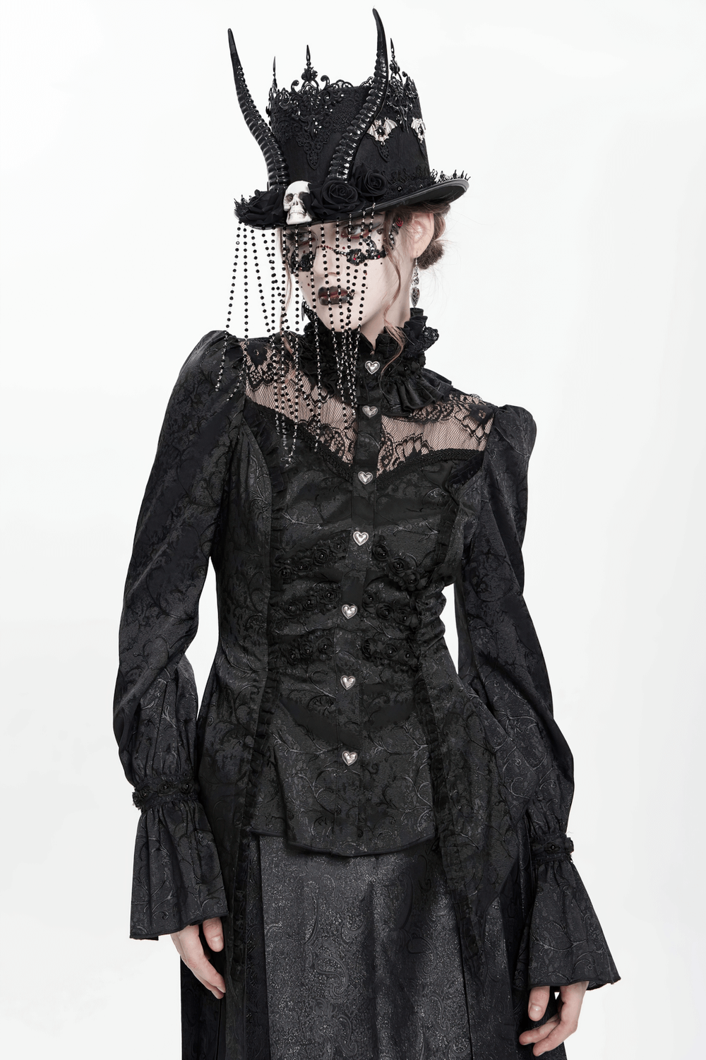 Gothic Lace High Neck Blouse with Heart Buttons
