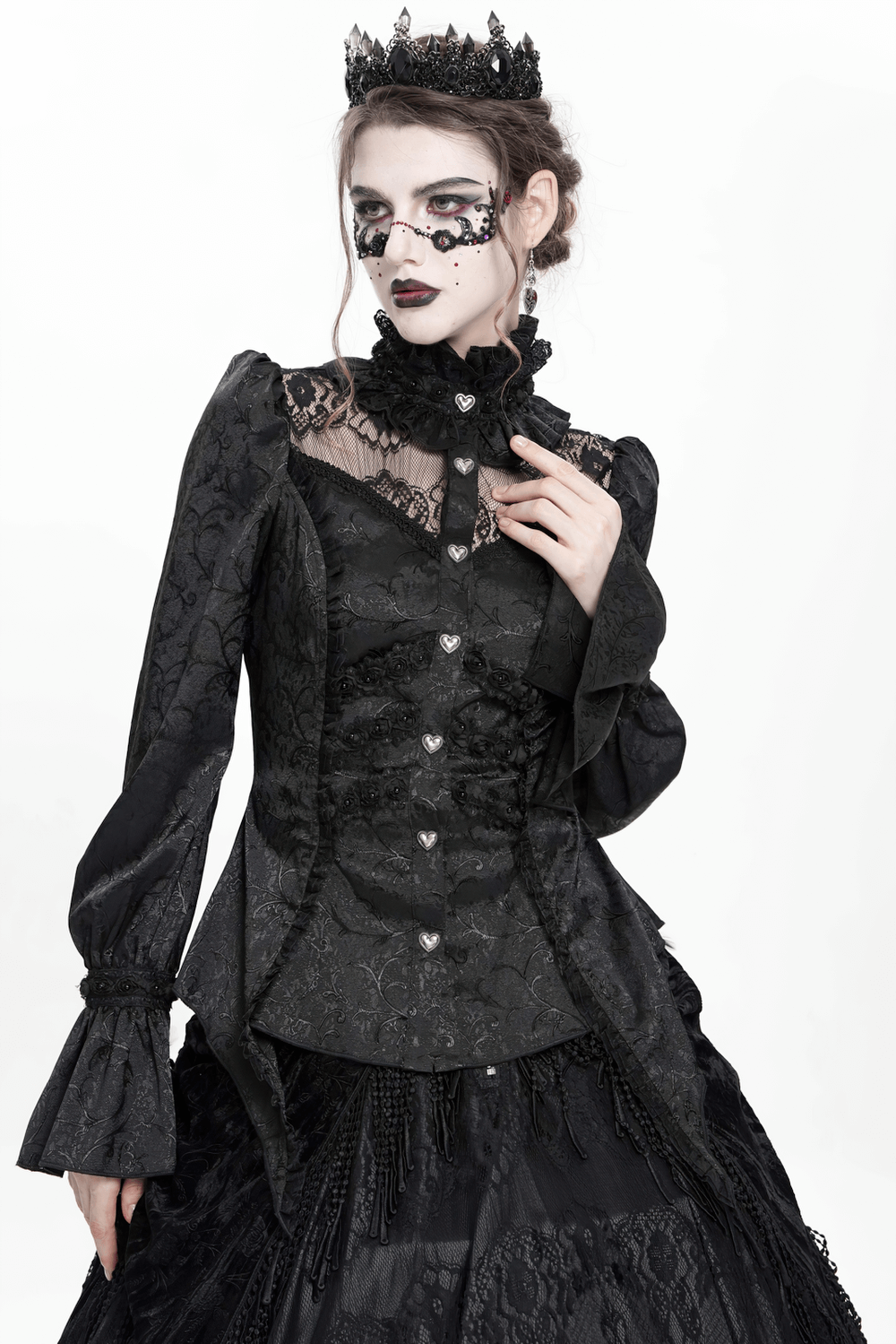 Gothic Lace High Neck Blouse with Heart Buttons