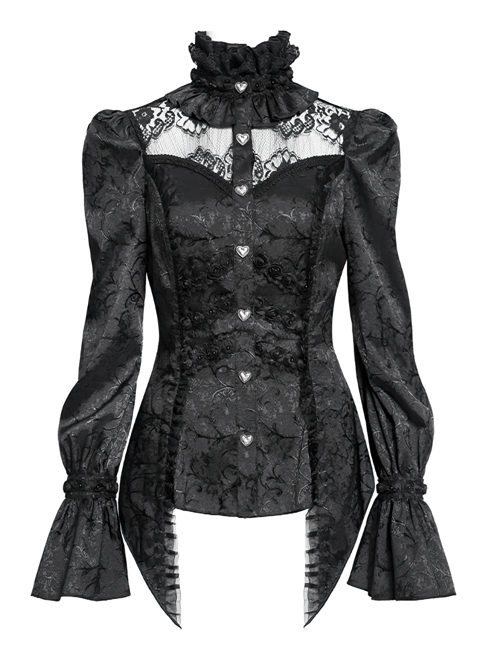 Gothic Lace High Neck Blouse with Heart Buttons