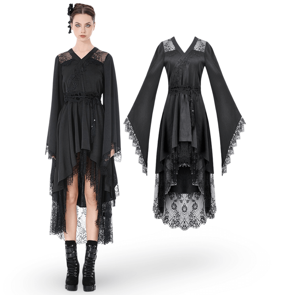 Gothic Lace Kimono Sleeved High Low Midi Dress