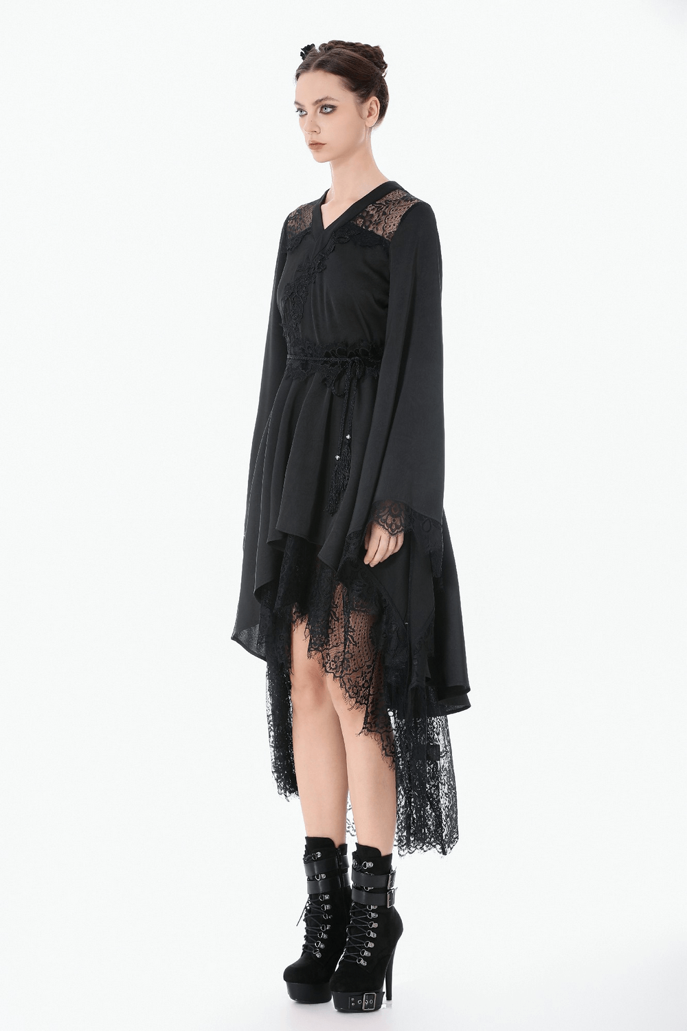 Gothic Lace Kimono Sleeved High Low Midi Dress