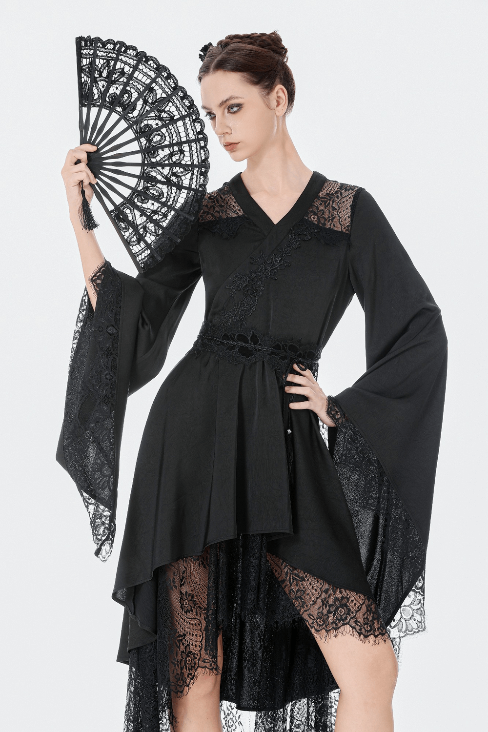 Gothic Lace Kimono Sleeved High Low Midi Dress
