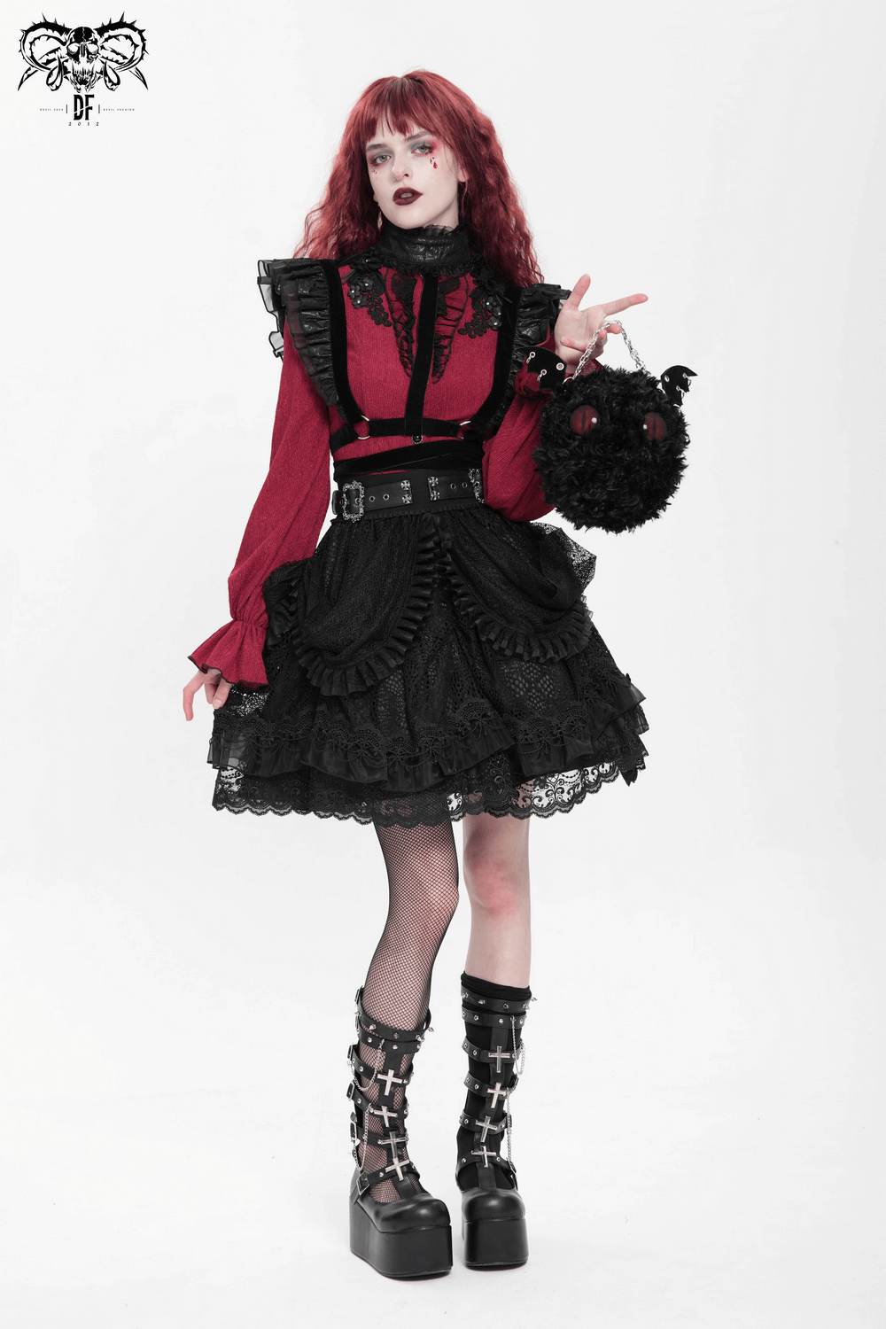 Gothic Lace Layered Skirt with Belts and Ruffled Drapes