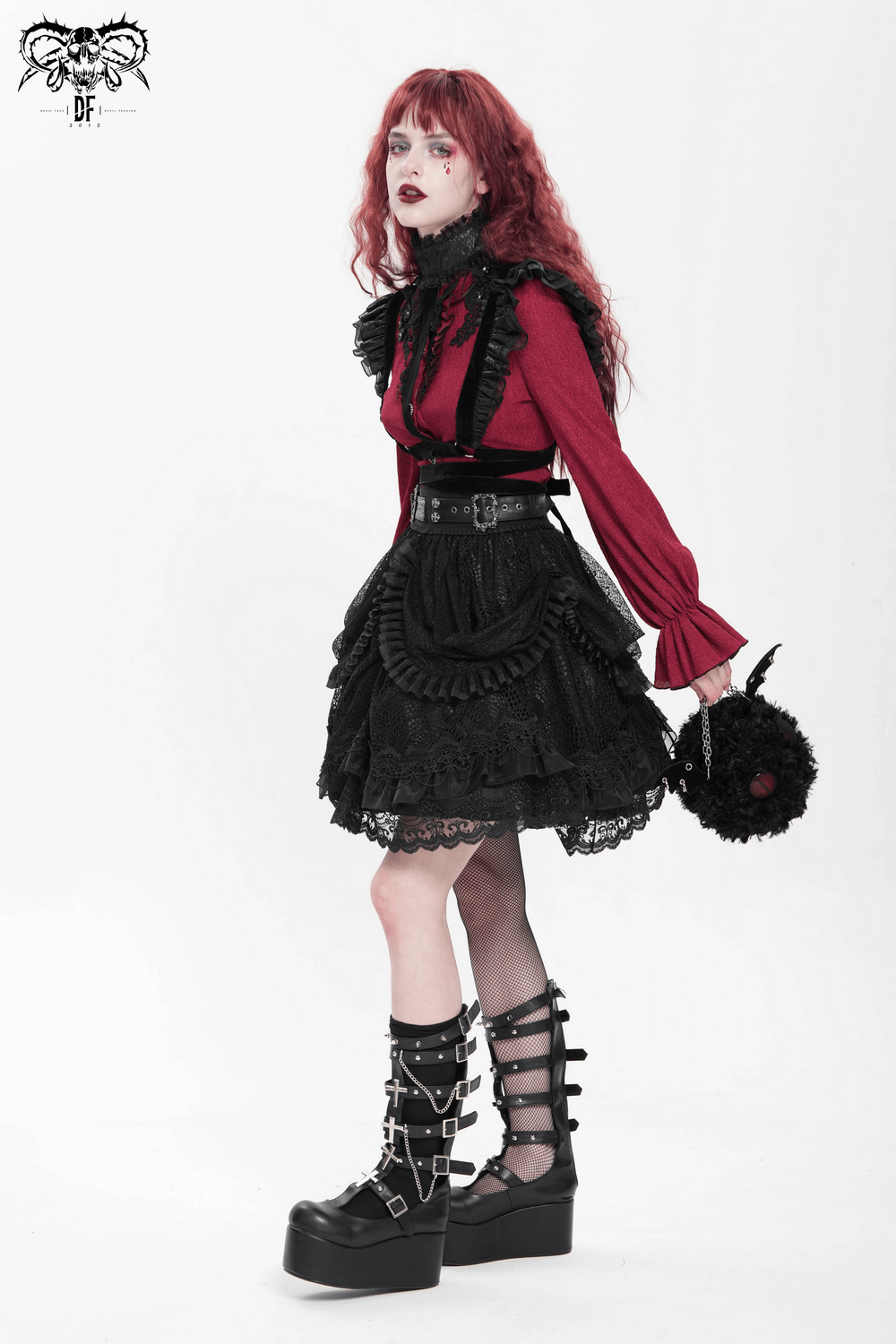 Gothic Lace Layered Skirt with Belts and Ruffled Drapes