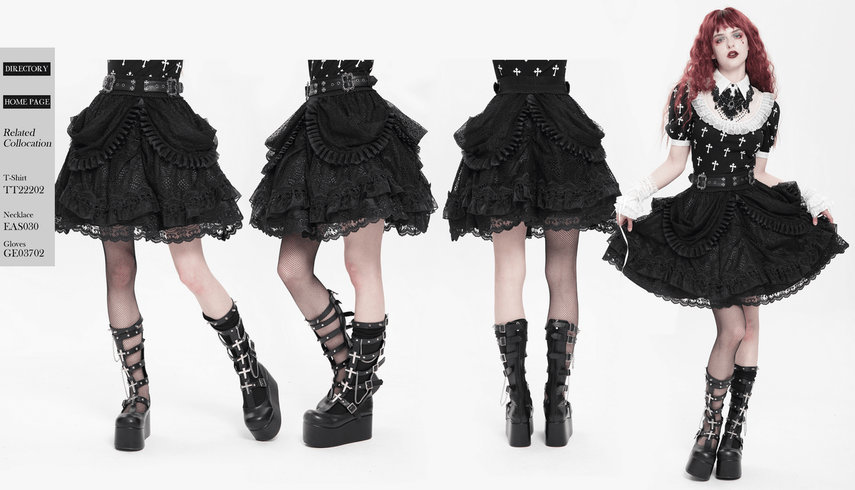 Gothic Lace Layered Skirt with Belts and Ruffled Drapes