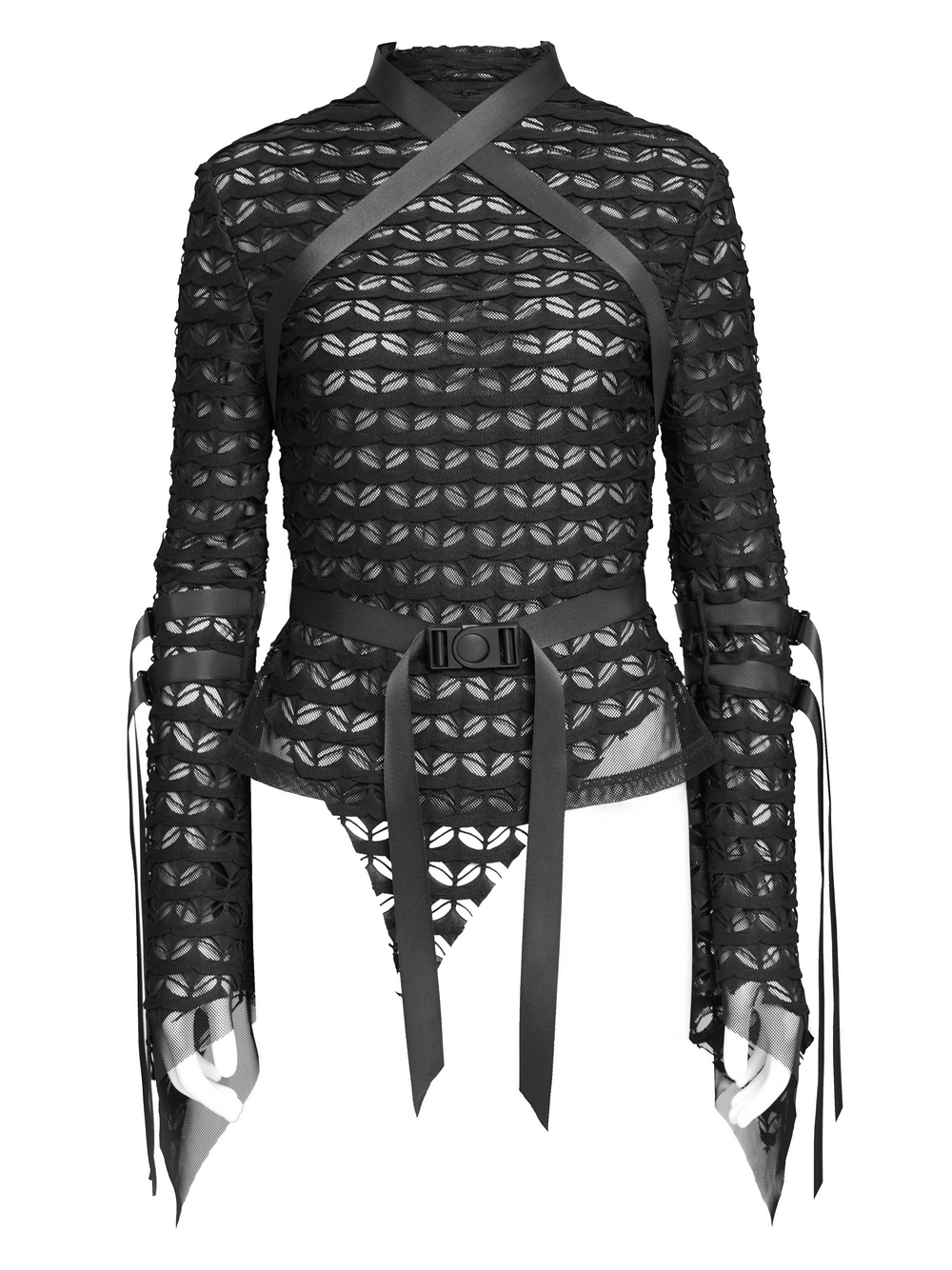 Gothic Lace Sheer Top with Straps and Long Flared Sleeves