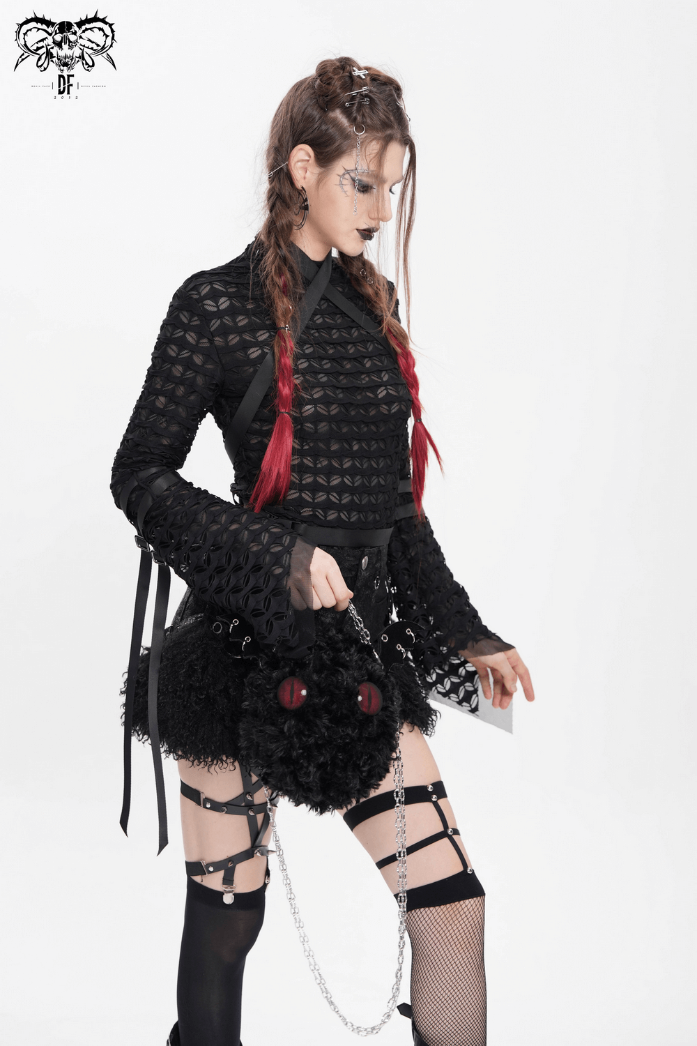 Gothic Lace Sheer Top with Straps and Long Flared Sleeves