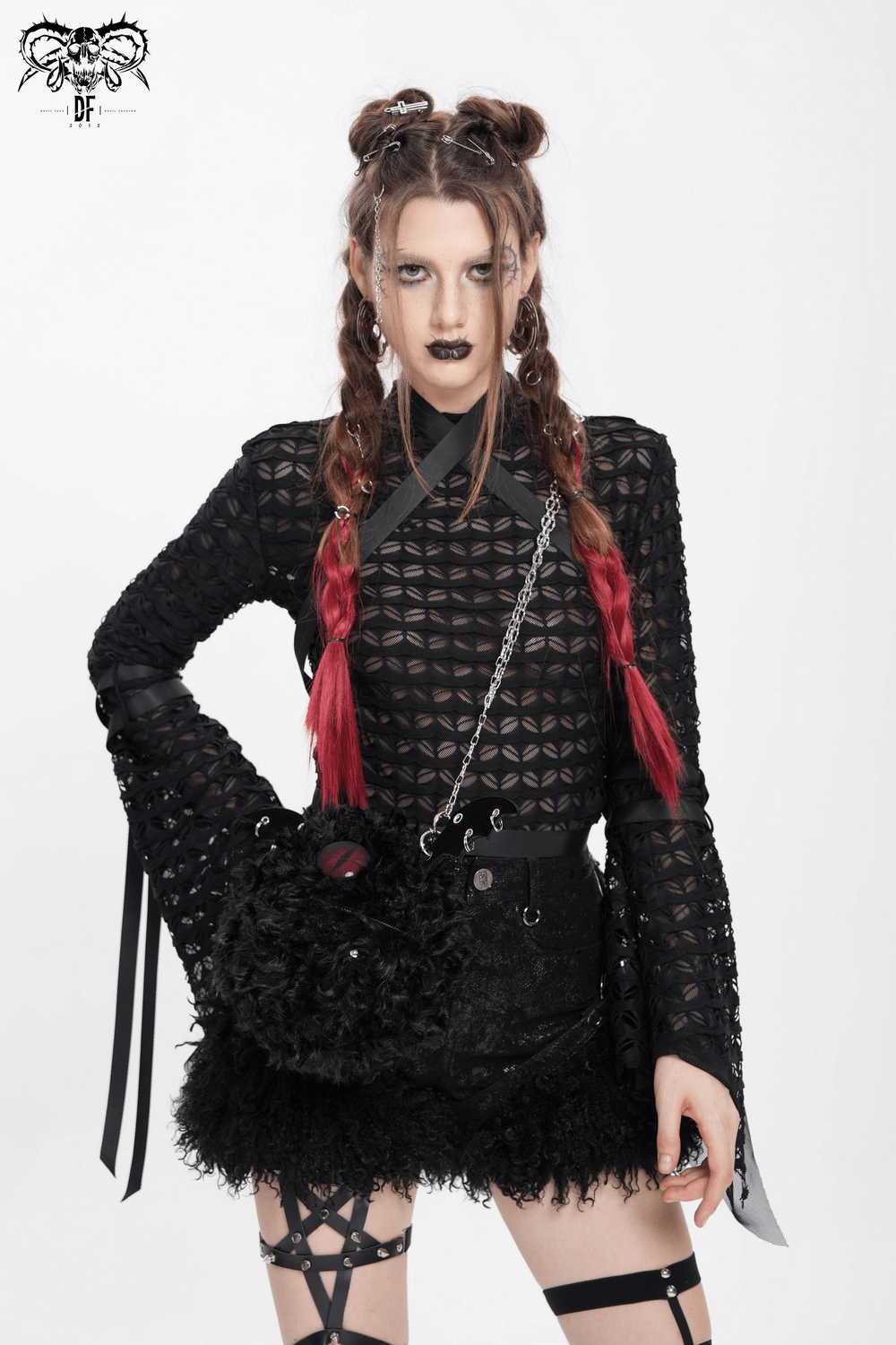 Gothic Lace Sheer Top with Straps and Long Flared Sleeves
