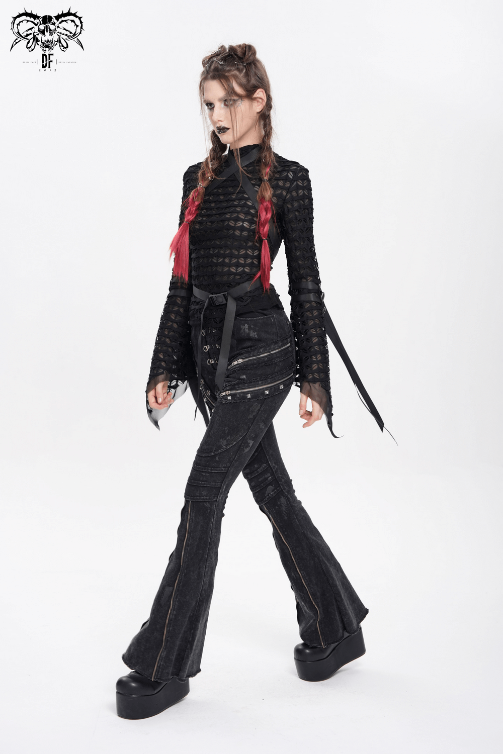 Gothic Lace Sheer Top with Straps and Long Flared Sleeves