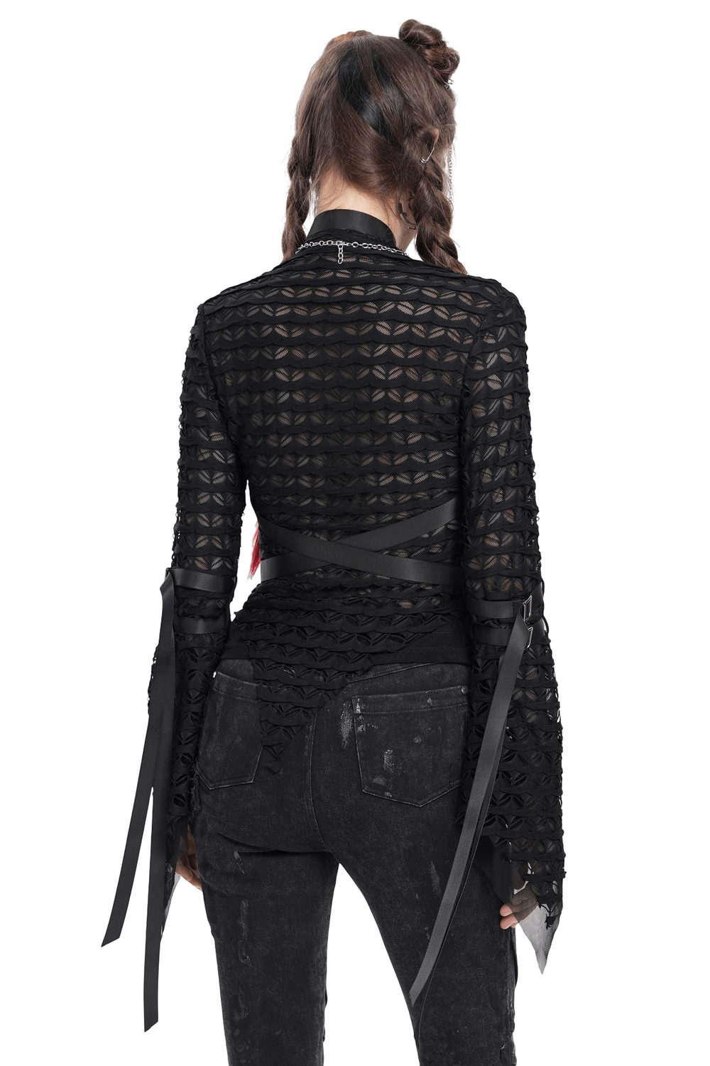 Gothic Lace Sheer Top with Straps and Long Flared Sleeves