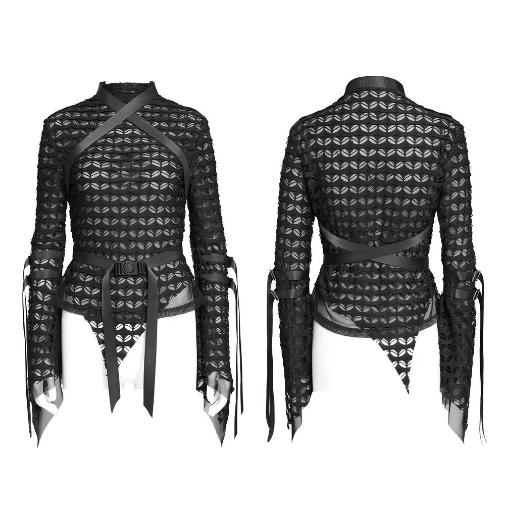 Gothic Lace Sheer Top with Straps and Long Flared Sleeves