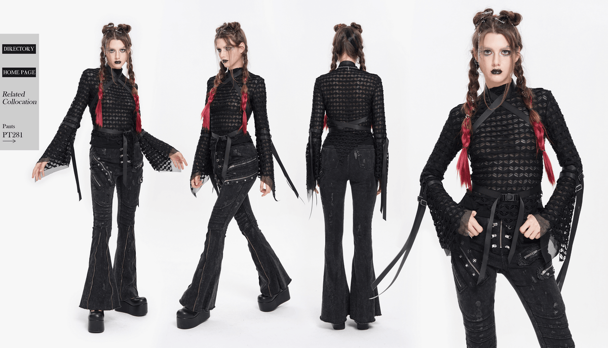 Gothic Lace Sheer Top with Straps and Long Flared Sleeves