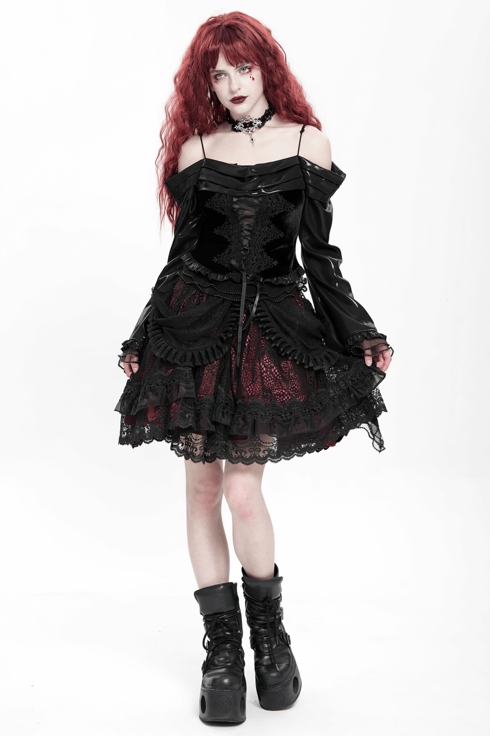 Gothic Lace Skirt with Black Ruffles and Layered Design