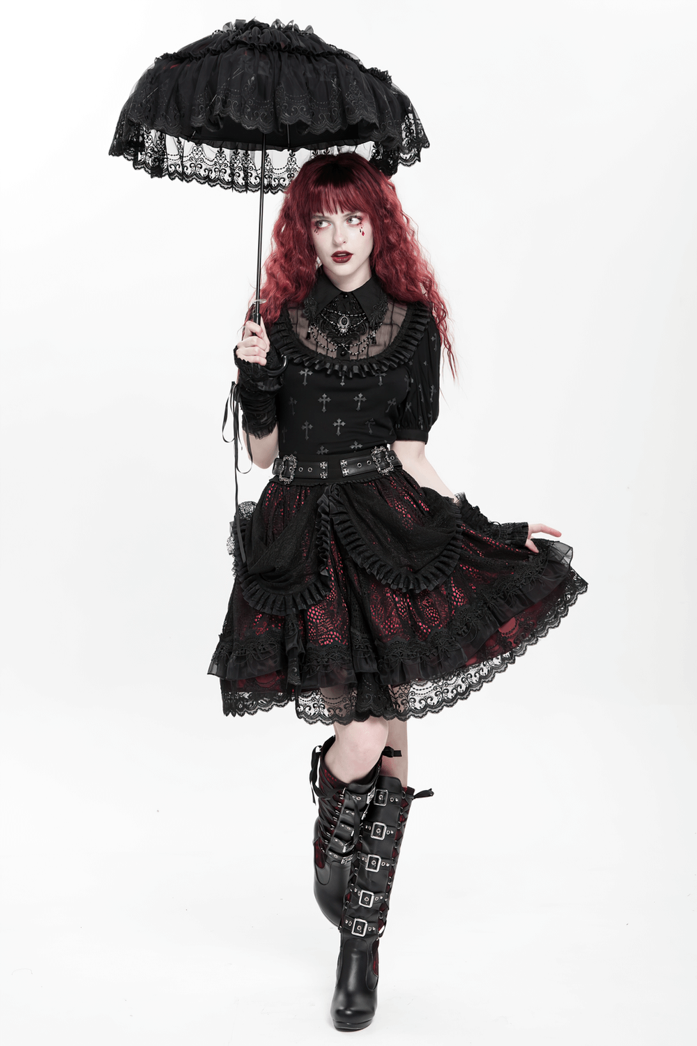 Gothic Lace Skirt with Black Ruffles and Layered Design